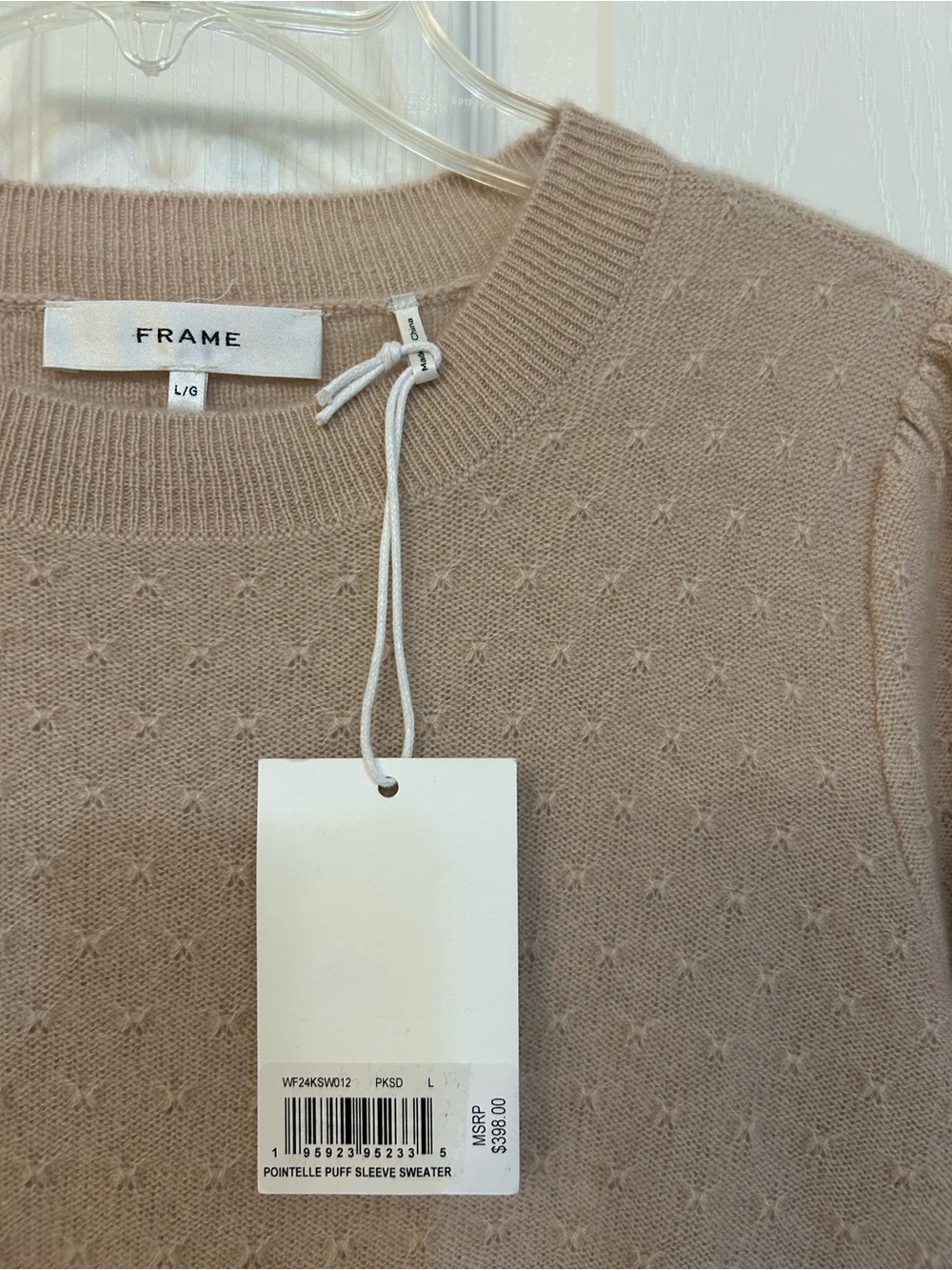 Frame Puff Sleeve Pointelle Cashmere Sweater in Pink Sand Size L - Picture 8 of 10